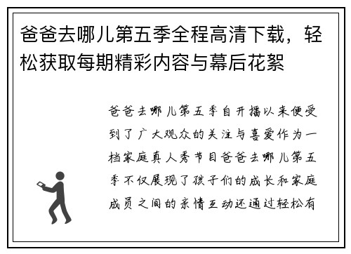 爸爸去哪儿第五季全程高清下载，轻松获取每期精彩内容与幕后花絮